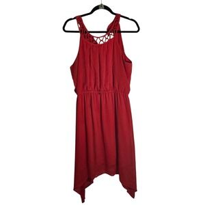 Womens Red Sleeveless Lattice Neckline High Waist Asymmetrical Hem Dress M